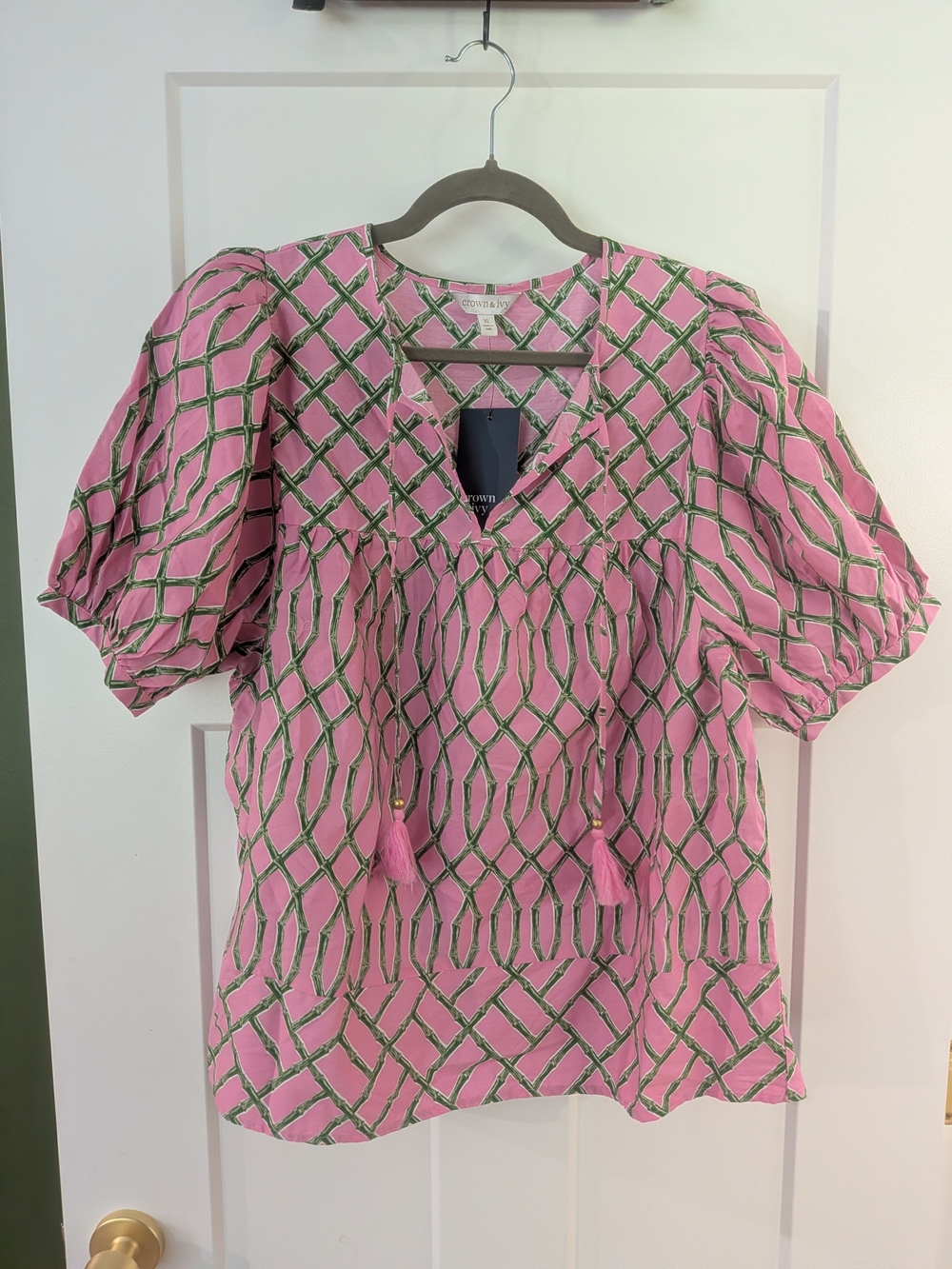 Crown & Ivy XL Pink Cotton Bamboo Trellis Print Tropical Pintuck Shift Blouse